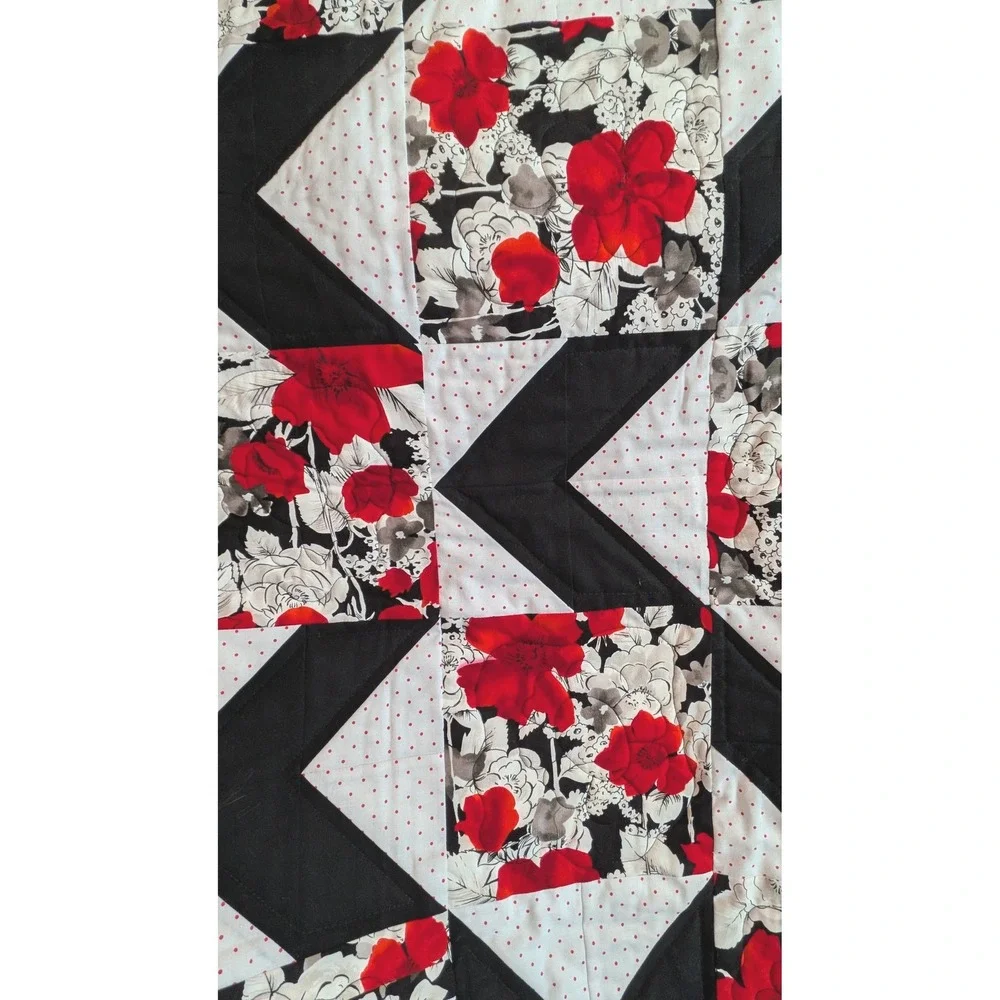 Handmade Baby Quilt Red Black White Floral Geometric Star Patchwork 40x40 Square